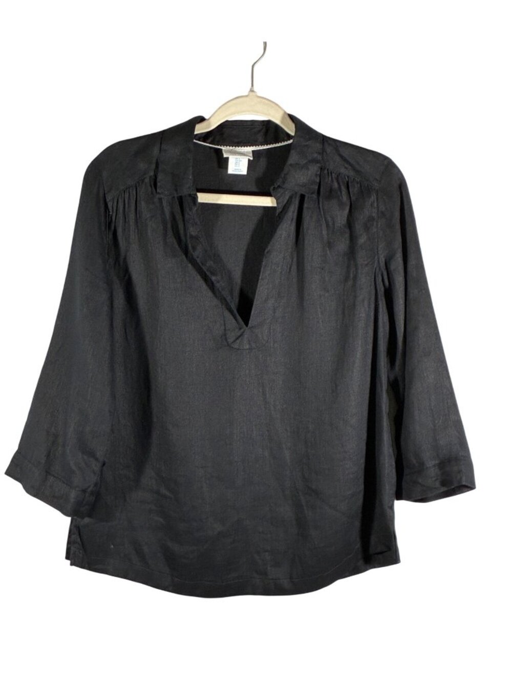 Sigrid Olsen Black Linen popover Tunic Blouse top Womens Small 3/4 Sleeve Relaxe